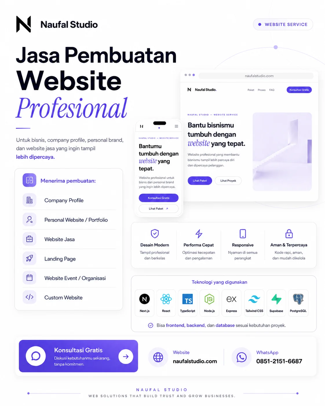 Poster layanan pembuatan website Naufal Studio: company profile, portfolio, landing page, website jasa, event, dan custom.
