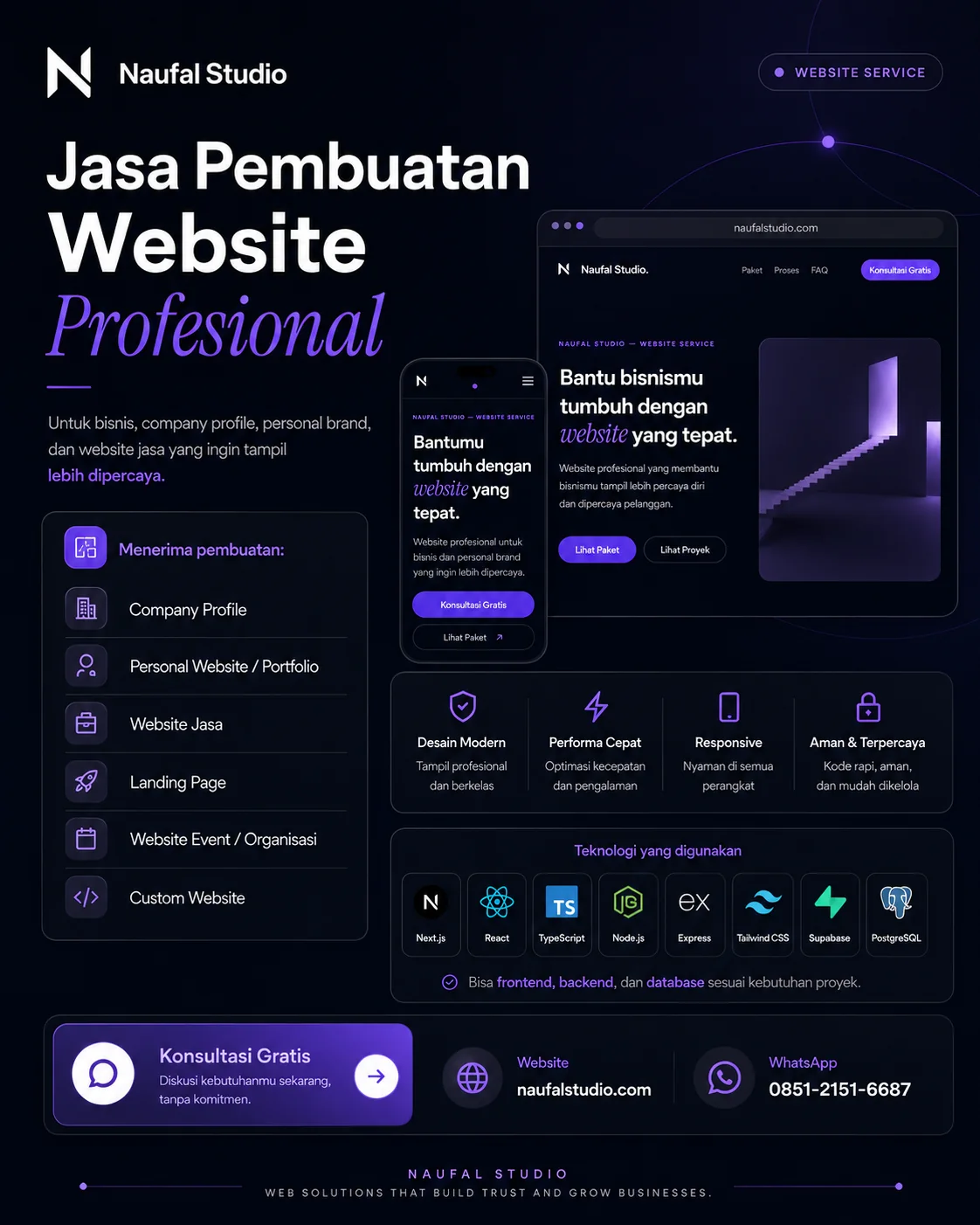 Poster layanan pembuatan website Naufal Studio: company profile, portfolio, landing page, website jasa, event, dan custom.
