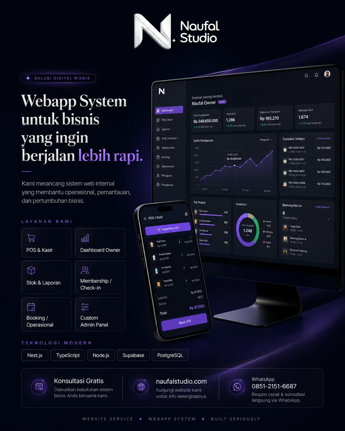 Poster layanan webapp system Naufal Studio: POS dan kasir, dashboard pemilik, stok dan laporan, membership, booking, dan admin panel custom.