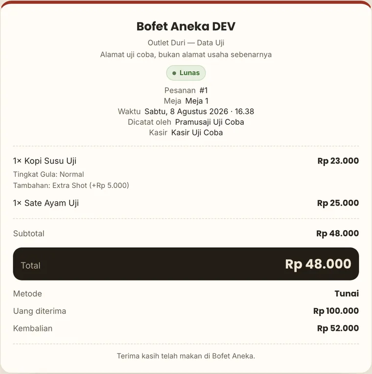Struk berisi nomor pesanan, meja, dua item, total, metode tunai, dan kembalian