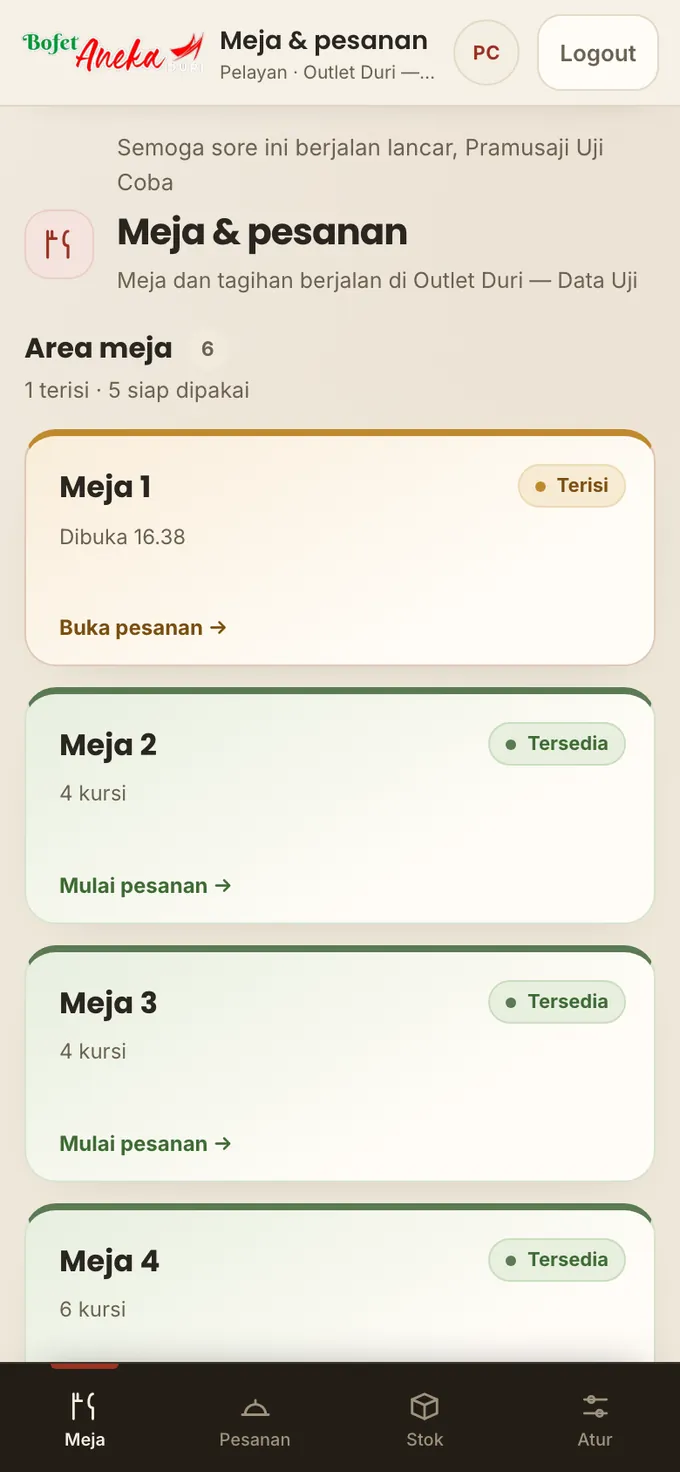 Daftar meja pada ponsel: satu meja terisi, sisanya tersedia
