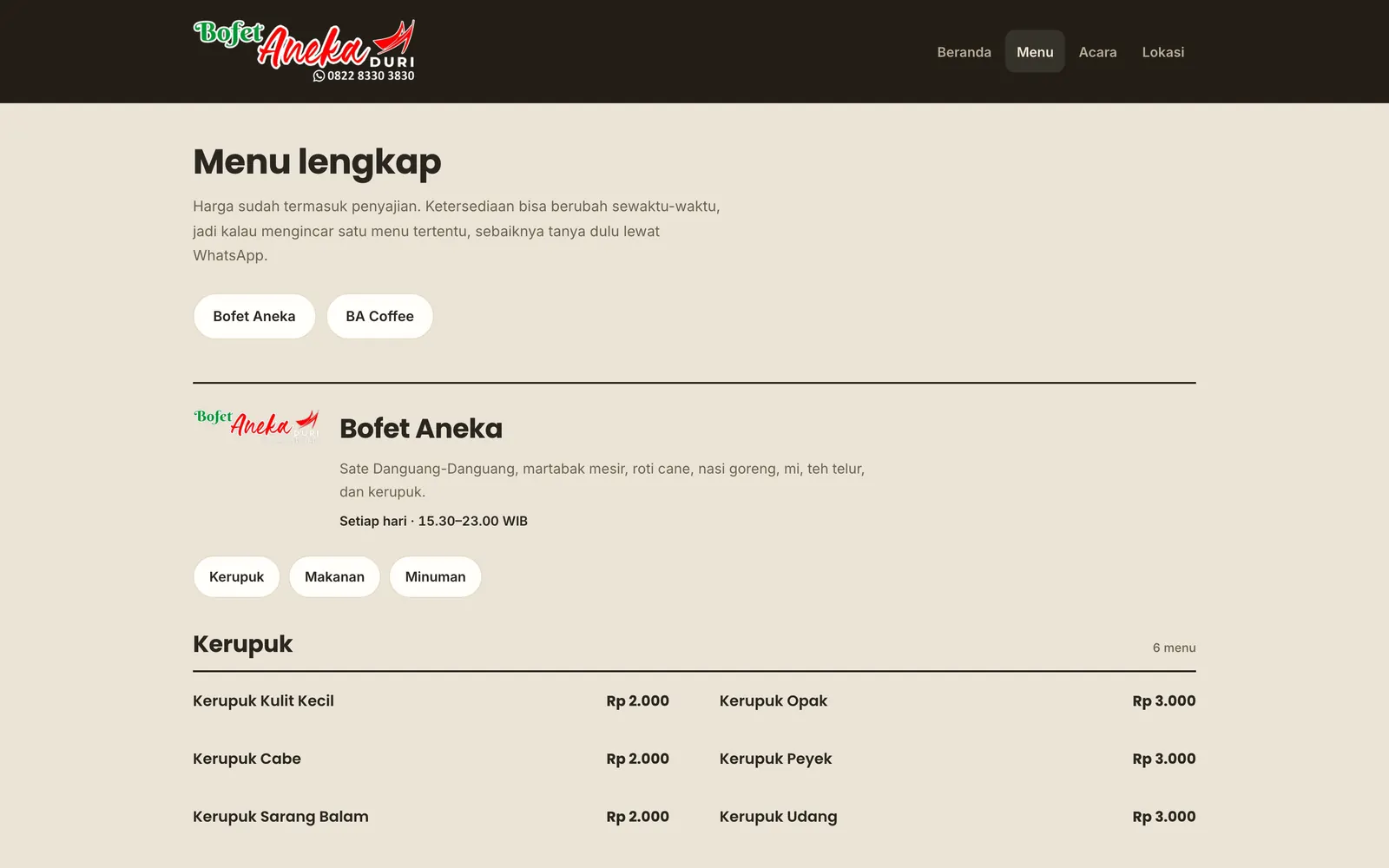Halaman menu publik Bofet Aneka