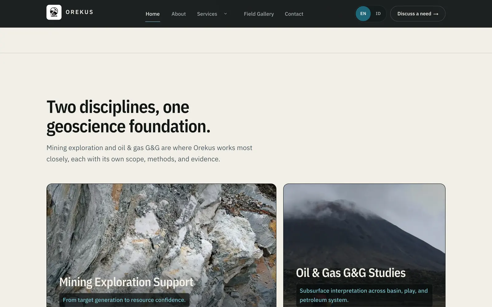 Bagian situs Orekus yang memisahkan mining exploration dan oil & gas dengan fotografi lapangan